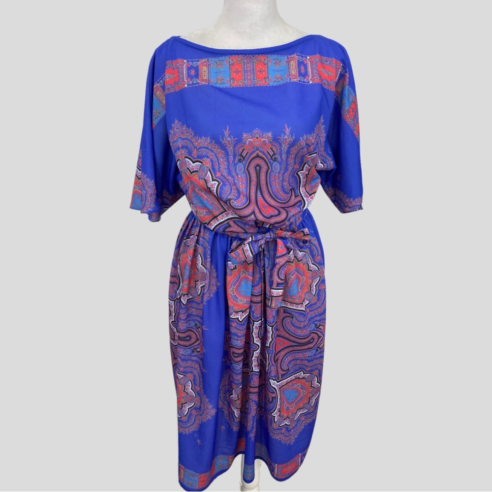 Vintage 60s 70s R&K Originals Purple Blue Red Floral Paisley Belted Dress